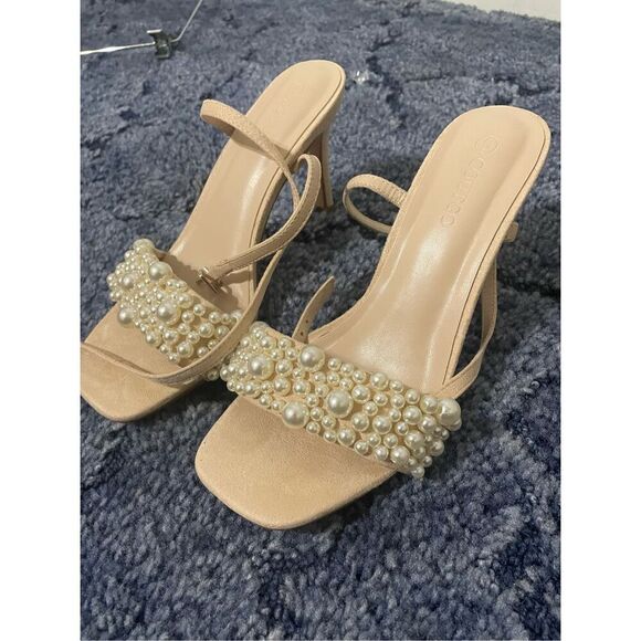 Coutgo Women's Open Toe Heeled Sandals Pearl Strap Stiletto Heel Ankle Pumps 6 - Picture 1 of 5